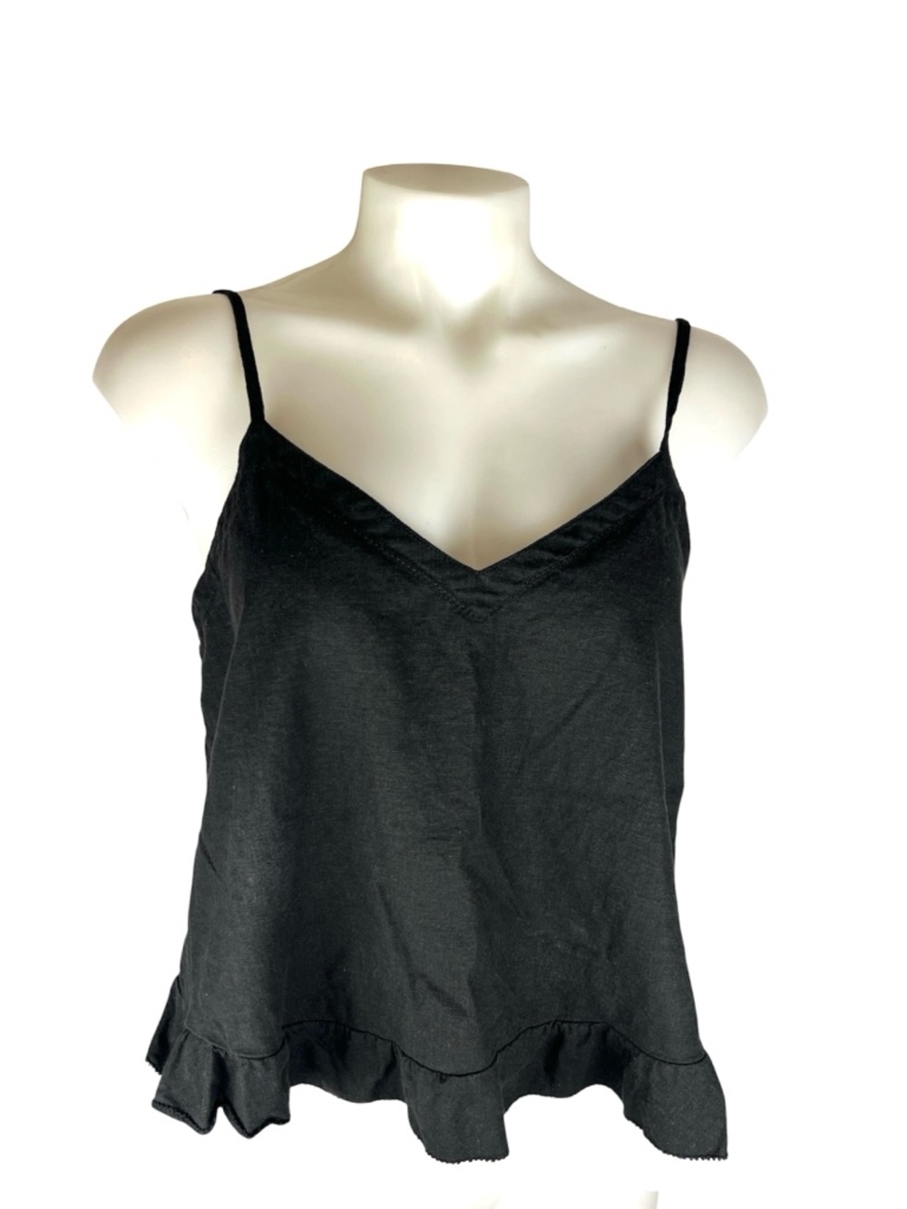 Aerie black linen blend v neck ruffle bottom tank top large